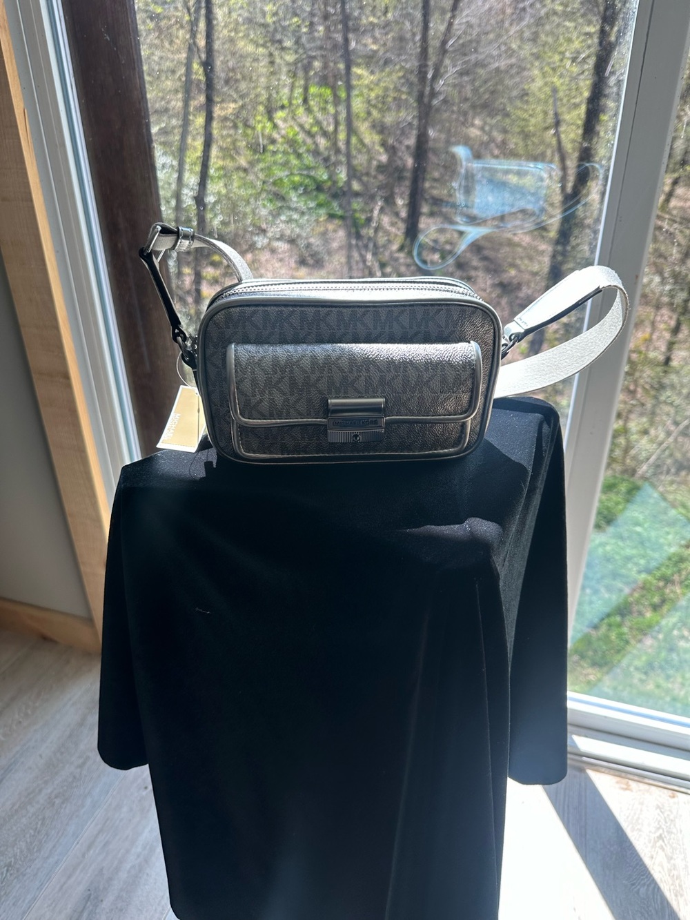 Michael Kors Gray MK Logo Camera Crossbody with White Strap